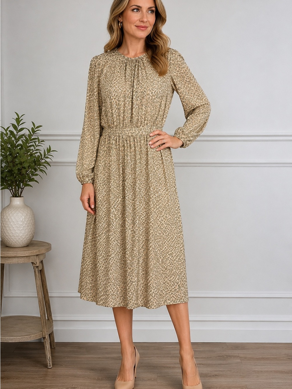 Maggy London Beige Printed Midi 100% Silk Dress
